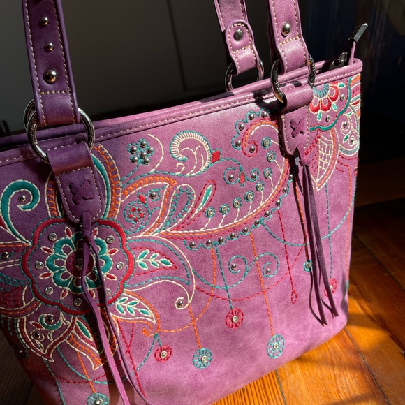 Faux Leather Purple Tote Purse - Picture 3 of 6